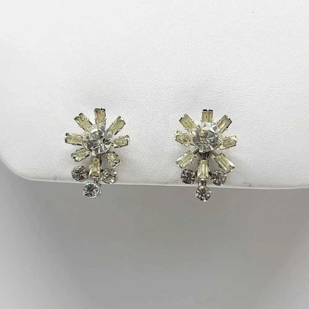 Coro Silver Tone Rhinestone Floral Adjustable Screwback Earrings Vintage